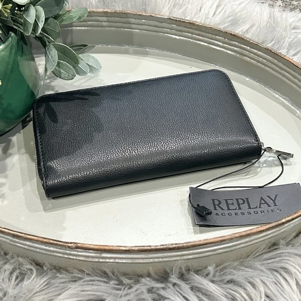 REPLAY Accessories Wallet Black Zip Around Clutch Purse New‎